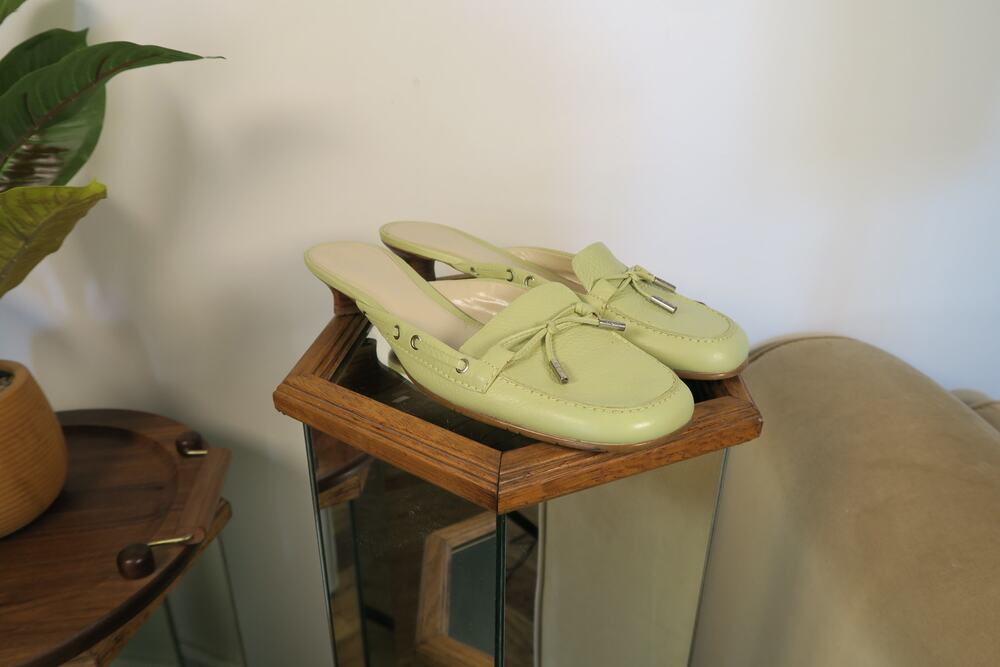 Etienne Aigner Pale Green Pebbled Leather Bow Mule Loafers